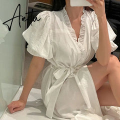 Ruffles Summer Nightgown Blue White Elegant Long Sleepwear Sweet Korean Cotton Home Clothes Homewear Lace Up Puff Sleeve Aiertu