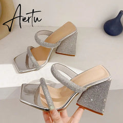 Runway Style Glitter Rhinestones Triangle Thick Heel Slippers Sexy Street Woman Square Toe Dress Party Shoes Summer Sandal Aiertu