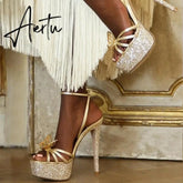 Runway Style Glitter Sequined Platform Super High Heel Party Wedding Banquet Shoes Bowknot Summer Gold Sandals Women Pumps Aiertu