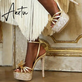 Runway Style Glitter Sequined Platform Super High Heel Party Wedding Banquet Shoes Bowknot Summer Gold Sandals Women Pumps Aiertu