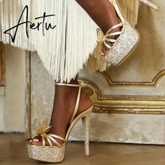 Runway Style Glitter Sequined Platform Super High Heel Party Wedding Banquet Shoes Bowknot Summer Gold Sandals Women Pumps Aiertu