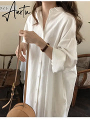 S-2XL Summer Shirt Dress Pink Evening Vintage Dress Party Oversize Long Cotton Beach Women Dresses Loose Robe Vestido Pure Aiertu