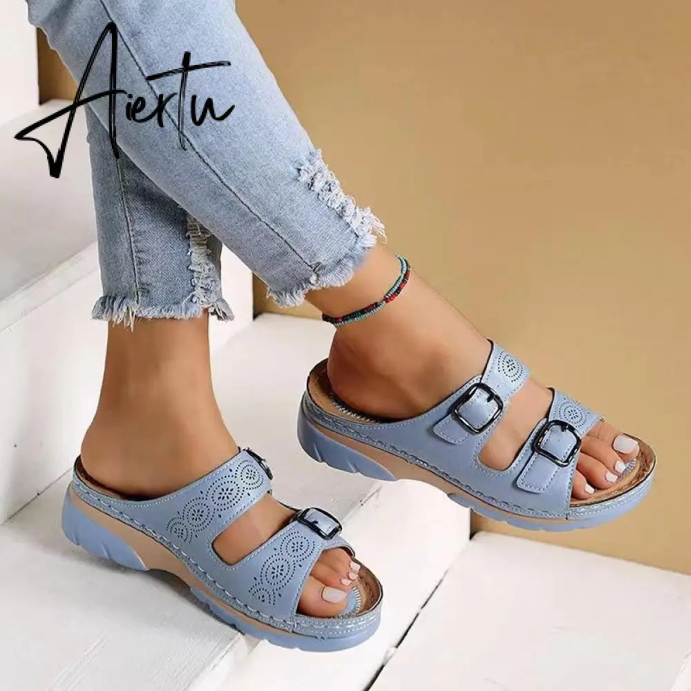 Sandals Shoes for Women Wedges Fashion Belt Buckle Platform Outdoor Walking Slippers Non-slip Open Toe Ladies Shoes Aiertu