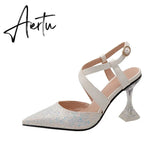 Sandals Women Glitter Clear High Heels Pointed Cross Strap Slingback Lady Shoe Ankle Strap Buckle Party Pumps Bride Big Size 43 Aiertu