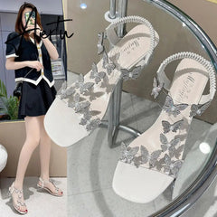 Sandals Women's Rhinestone Summer New Fashion Women's Shiny Butterfly Transparent High Heels Open Toe Sandalias Women's Shoes Aiertu