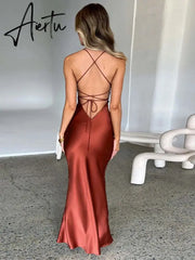 Satin Backless Maxi Dress For Women Autumn New Spaghetti Strap Sleeveless Bodycon Long Dress Vestido Clubwear Aiertu