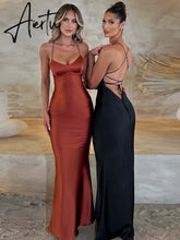 Satin Backless Maxi Dress For Women Autumn New Spaghetti Strap Sleeveless Bodycon Long Dress Vestido Clubwear Aiertu