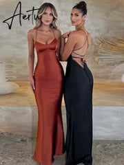 Satin Backless Maxi Dress For Women Autumn New Spaghetti Strap Sleeveless Bodycon Long Dress Vestido Clubwear Aiertu