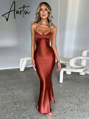 Satin Backless Maxi Dress For Women Autumn New Spaghetti Strap Sleeveless Bodycon Long Dress Vestido Clubwear Aiertu