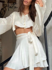 Satin Lantern Long Sleeves Skirt Blouse Set Elegant Lace Up High Waist White Tops Suits Women Sexy Sports Style Streetwear Aiertu