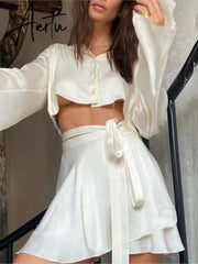 Satin Lantern Long Sleeves Skirt Blouse Set Elegant Lace Up High Waist White Tops Suits Women Sexy Sports Style Streetwear Aiertu