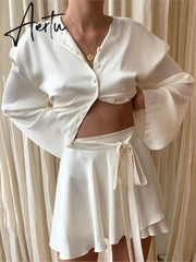Satin Lantern Long Sleeves Skirt Blouse Set Elegant Lace Up High Waist White Tops Suits Women Sexy Sports Style Streetwear Aiertu