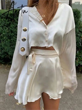 Satin Lantern Long Sleeves Skirt Blouse Set Elegant Lace Up High Waist White Tops Suits Women Sexy Sports Style Streetwear Aiertu