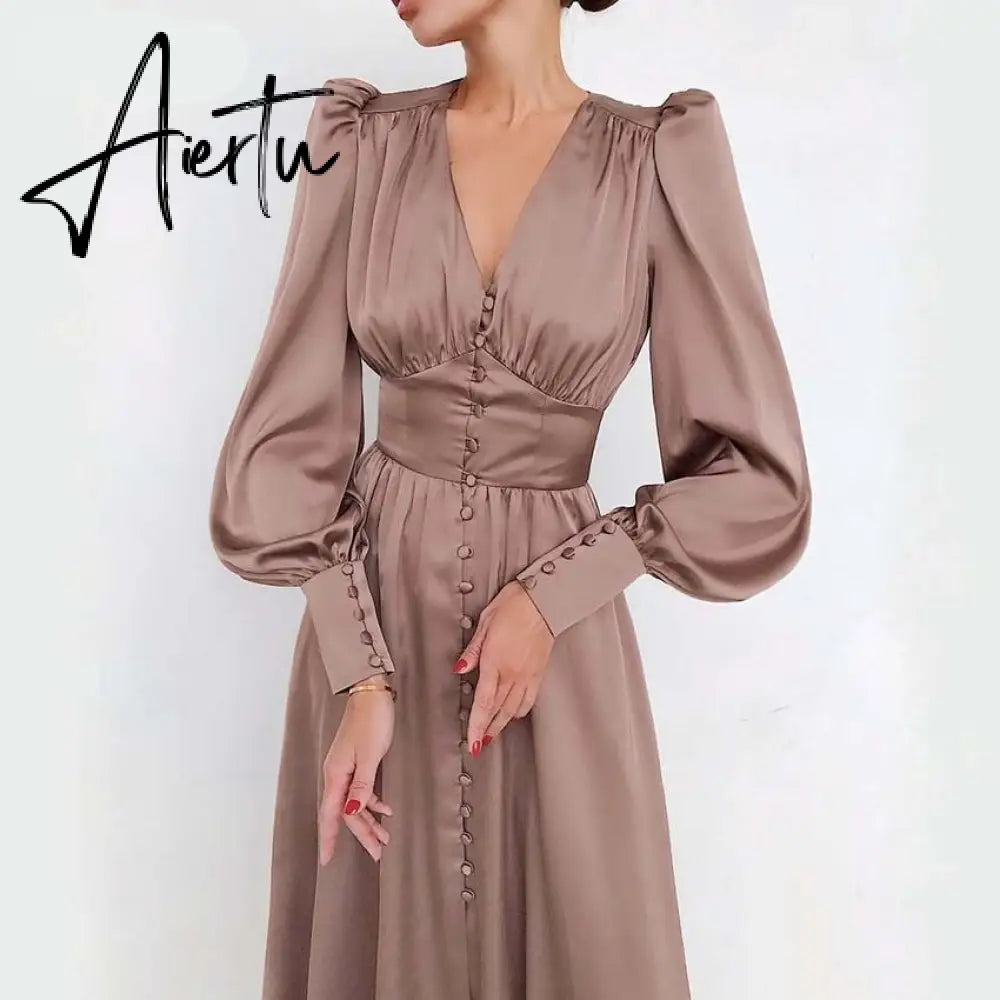 Satin Long Dress Women Puff Sleeve Spring V-Neck Party Pleated Dress Casual Elegant Bodycon Dress Ladies Chic Ruched Dresses Aiertu