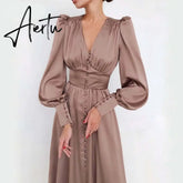 Satin Long Dress Women Puff Sleeve Spring V-Neck Party Pleated Dress Casual Elegant Bodycon Dress Ladies Chic Ruched Dresses Aiertu