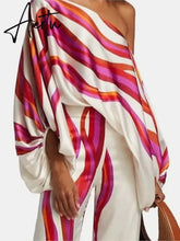 Satin Printing Off Shoulder Commuting Suits Fashion Tops Long Pants 2 Piece Sets Women Spring Summer Loose Casual Outfits Aiertu