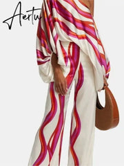 Satin Printing Off Shoulder Commuting Suits Fashion Tops Long Pants 2 Piece Sets Women Spring Summer Loose Casual Outfits Aiertu