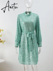 Sequins Women Lace Up Dress Green Turtleneck Long Sleeeve Midi Female Dresses Autumn Winter Ruffle Party Club Lady Aiertu