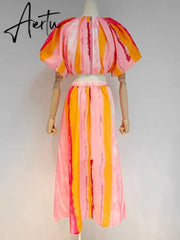 Set Of Two Fashion Pieces For Women Round Neck Short Sleeve Tops High Waist Loose Midi Skirt Striped Sets Females Aiertu