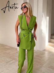 Set Woman 2 Pieces Summer Traf New Fashion With Belt Vest Coat + High Waist Pants Female Two-Piece Sets Womens Outifits Aiertu