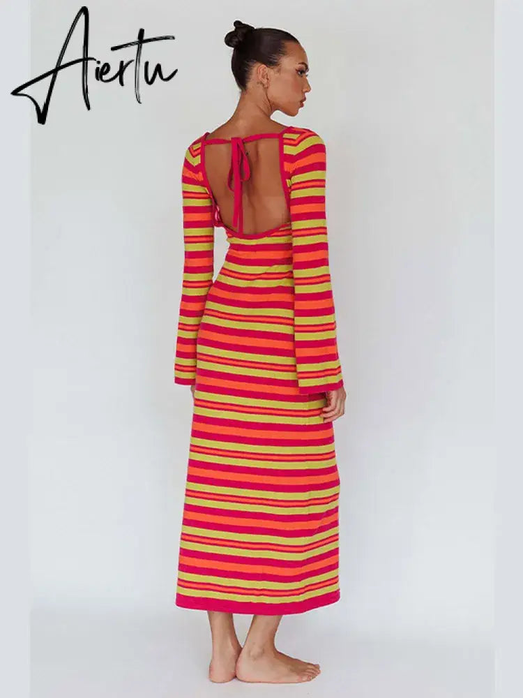 Sexy Backless Lace Up Women Striped Knitted Dress Fashion Slim O-neck Long Sleeve Midi Dresses Autumn Lady Chic Streetwear Aiertu