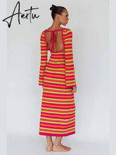 Sexy Backless Lace Up Women Striped Knitted Dress Fashion Slim O-neck Long Sleeve Midi Dresses Autumn Lady Chic Streetwear Aiertu