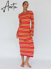 Sexy Backless Lace Up Women Striped Knitted Dress Fashion Slim O-neck Long Sleeve Midi Dresses Autumn Lady Chic Streetwear Aiertu