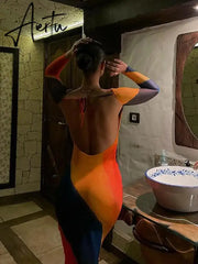 Sexy Backless Maxi Dress Fashion Print Long Sleeve Bodycon Party Dress Beach Outfits New Summer Evening Club Dress Aiertu