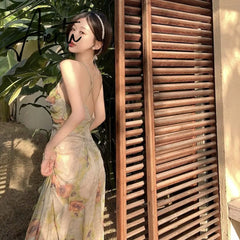 Sexy Backless Slit Straps Prom Long Dresses for Women's Party Evening Print Bodycon Slip Maxi Dress Summer Woman Elegant Robes Aiertu