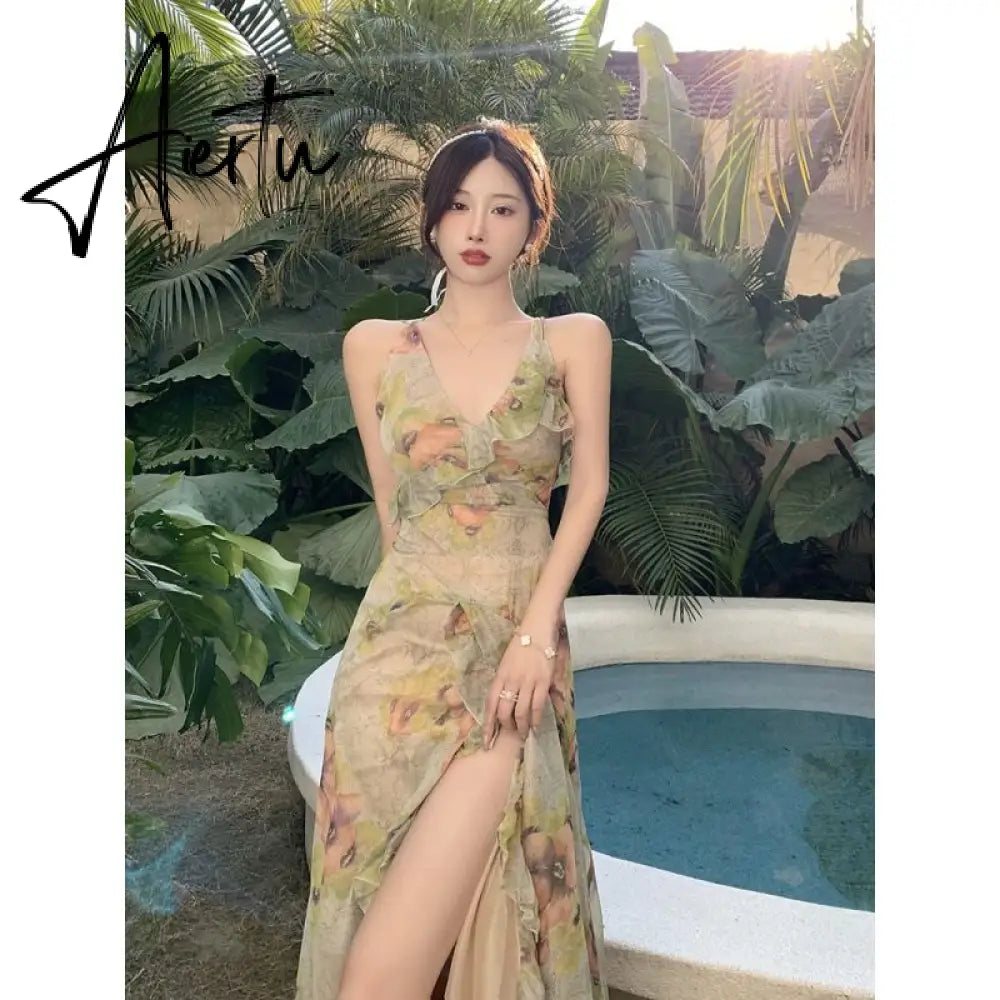 Sexy Backless Slit Straps Prom Long Dresses for Women's Party Evening Print Bodycon Slip Maxi Dress Summer Woman Elegant Robes Aiertu