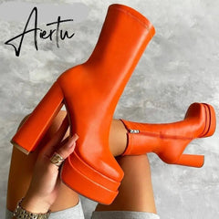 Sexy Chunky High Heels Ankle Shoes For Women Punk Style Zipper Thick Platform Elasticity Microfiber Boots Sapatos Femininos Aiertu
