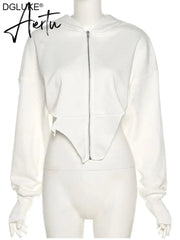 Sexy Cropped Zip Up Hoodie Women Hip Hop Ripped Oversized Hoodie Sweatshirt Long Sleeve Hooded Sweatshirt Streetwear Jacket Aiertu