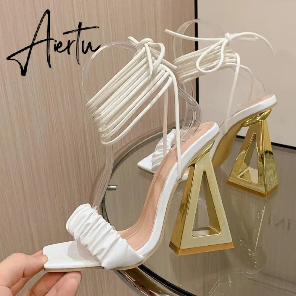 Sexy Cross Ankle Strap Women's Fretwork Heels Sandals Summer Fashion White Pleated Leather Square Toe Party Stripper Shoes Aiertu