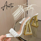 Sexy Cross Ankle Strap Women's Fretwork Heels Sandals Summer Fashion White Pleated Leather Square Toe Party Stripper Shoes Aiertu