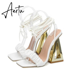 Sexy Cross Ankle Strap Women's Fretwork Heels Sandals Summer Fashion White Pleated Leather Square Toe Party Stripper Shoes Aiertu