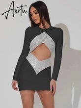 Sexy Cut Out CRYSTAL Bandage Dress Women White Long Sleeve Mini Bodycon Autumn Winter Elegant Party Club Femme Dress Vestidos Aiertu