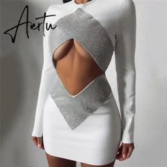 Sexy Cut Out CRYSTAL Bandage Dress Women White Long Sleeve Mini Bodycon Autumn Winter Elegant Party Club Femme Dress Vestidos Aiertu