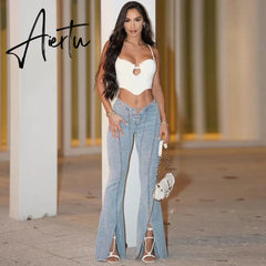 Sexy Cut Out Split Flare Jeans Women Low Rise Vintage Slim Denim Tousers 2023 Summer Harajuku Runway Clothes jeans woman Aiertu