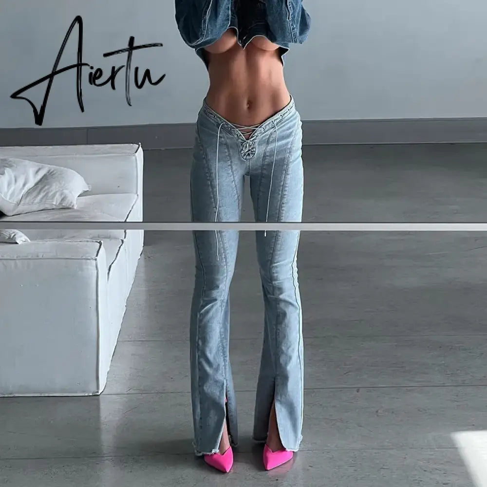 Sexy Cut Out Split Flare Jeans Women Low Rise Vintage Slim Denim Tousers 2023 Summer Harajuku Runway Clothes jeans woman Aiertu