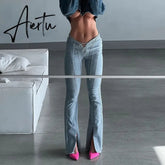 Sexy Cut Out Split Flare Jeans Women Low Rise Vintage Slim Denim Tousers 2023 Summer Harajuku Runway Clothes jeans woman Aiertu