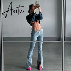 Sexy Cut Out Split Flare Jeans Women Low Rise Vintage Slim Denim Tousers 2023 Summer Harajuku Runway Clothes jeans woman Aiertu
