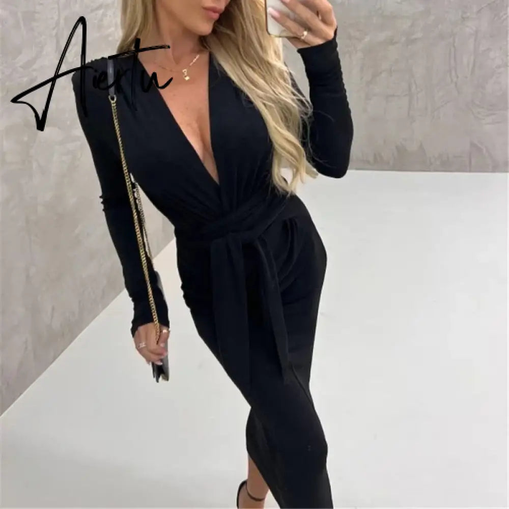 Sexy Deep V Strap Bandage Slim Long Dress Autumn Elegant Temperament Evening Party Dresses Velvet Drape Solid Sheath Women Dress Aiertu