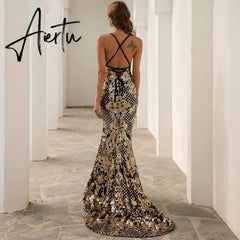 Sexy Dress Suspender Temperament Summer Sleeveless Birthday Ball Split Evening Dress Gold Sequined Fishtail Dresses Aiertu