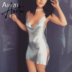 Sexy Gold Sequined Patchwork Mini Dress Women Sleeveless Low Cut Metal Chains Halter Slim Charming Nightclub Party Dresses Aiertu