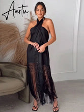 Sexy Halter Dress Women Black Tassel Backless Linen Sleeveless Female Dresses Summer Fashion Beach Long Lady Aiertu