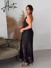 Sexy Halter Dress Women Black Tassel Backless Linen Sleeveless Female Dresses Summer Fashion Beach Long Lady Aiertu