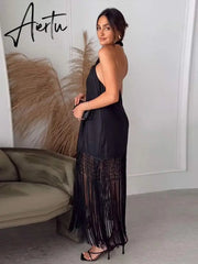 Sexy Halter Dress Women Black Tassel Backless Linen Sleeveless Female Dresses Summer Fashion Beach Long Lady Aiertu