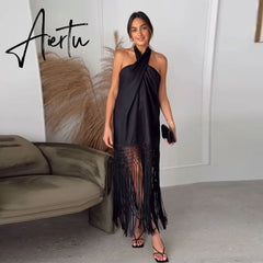 Sexy Halter Dress Women Black Tassel Backless Linen Sleeveless Female Dresses Summer Fashion Beach Long Lady Aiertu