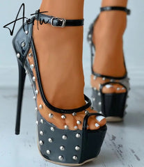 Sexy High Heels Ladies Women Sandals Rivet Metal Peep Toe Platform Thick Soles Stiletto PVC Club Banquet Summer Shoes Aiertu