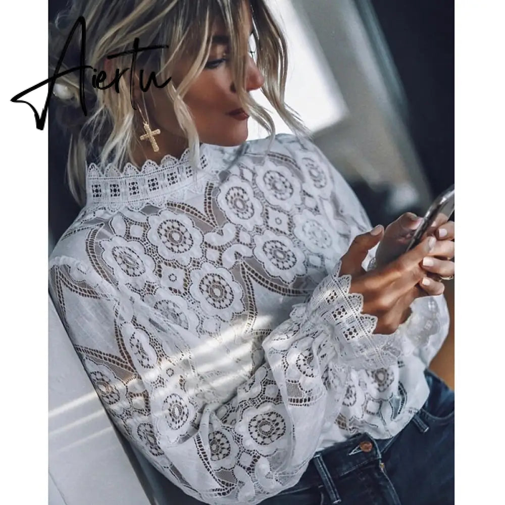 Sexy lace blouse white fashion full sleeve blusa feminina ladies tops vintage sexy lace shirt vetidos mujer spring new Aiertu